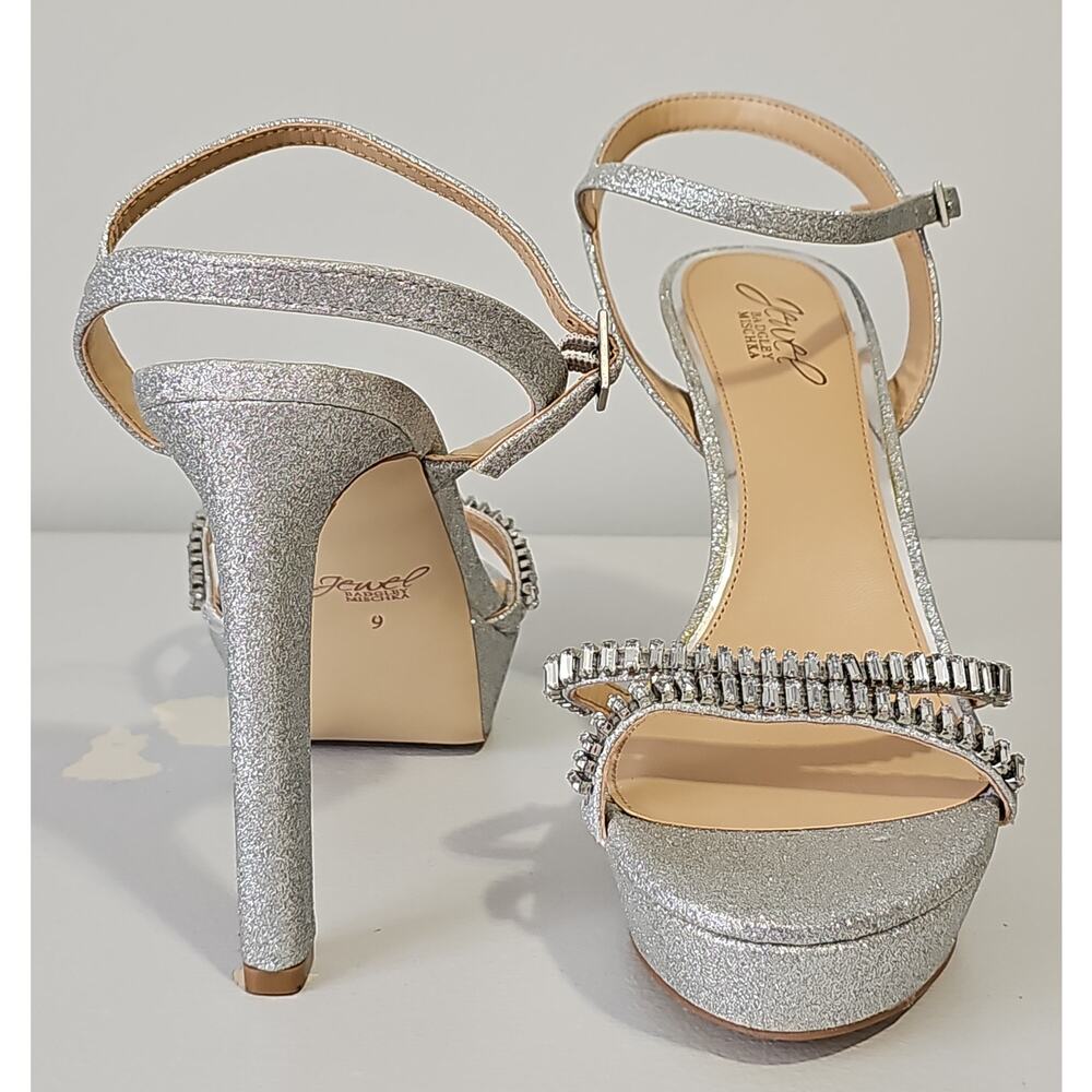 Jewel Badgley Mischka Gallant Platform Sandal Womens 9 Silver Heels Rhinestones